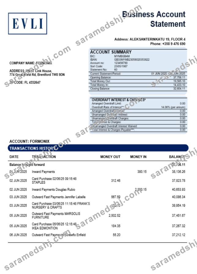 Evli Bank PLC enterprise account statement Word and PDF template